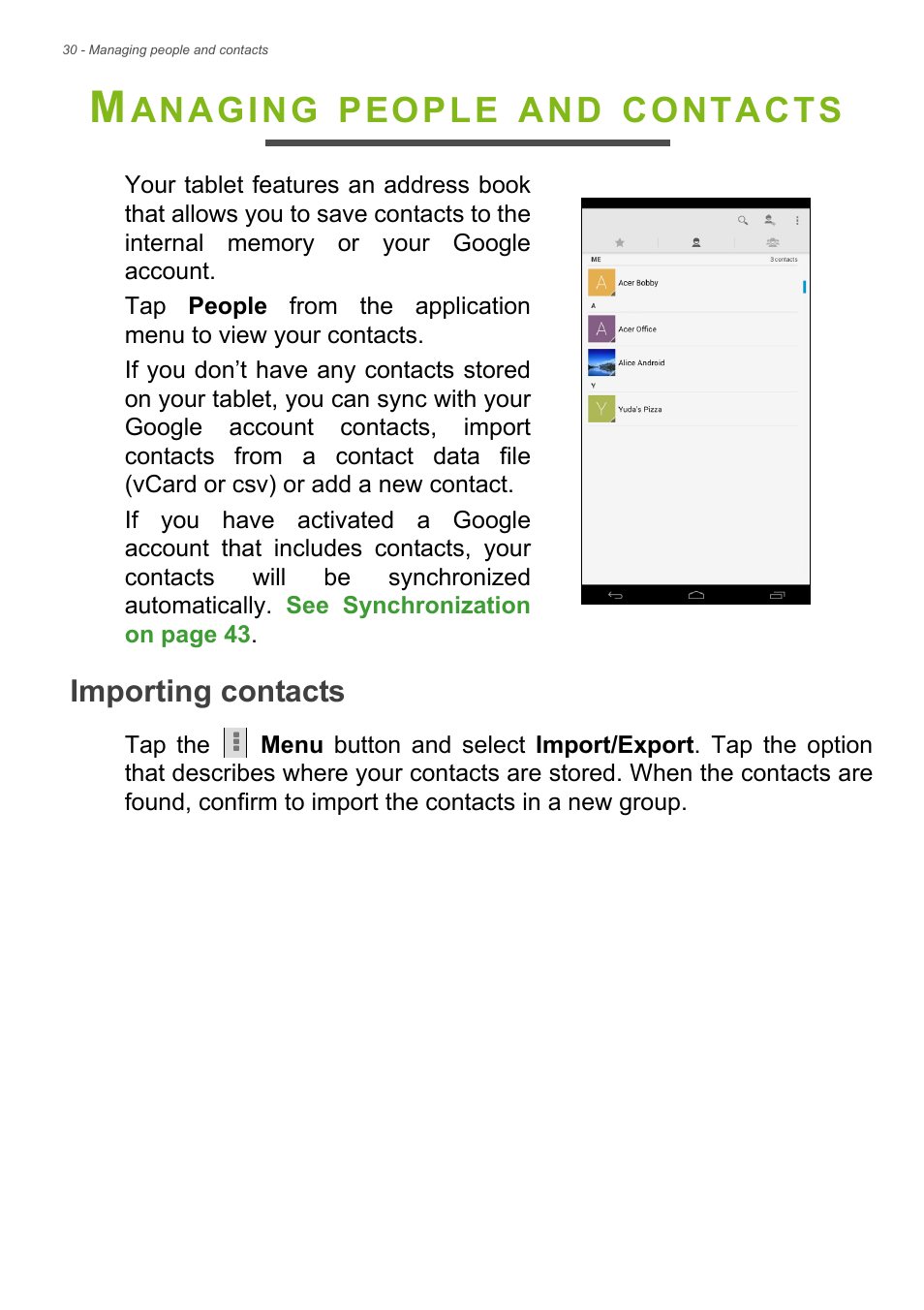 Managing people and contacts, Importing contacts, Anaging | People, Contacts | Acer Iconia Talk S A1-724 User Manual | Page 30 / 56