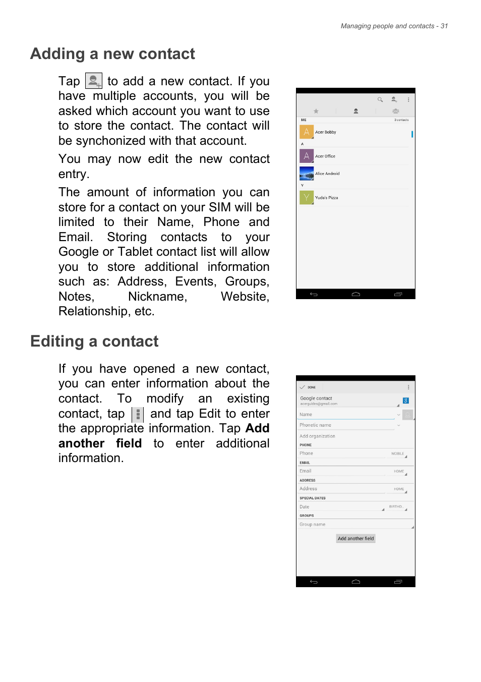 Adding a new contact, Editing a contact | Acer Iconia Talk S A1-724 User Manual | Page 31 / 56