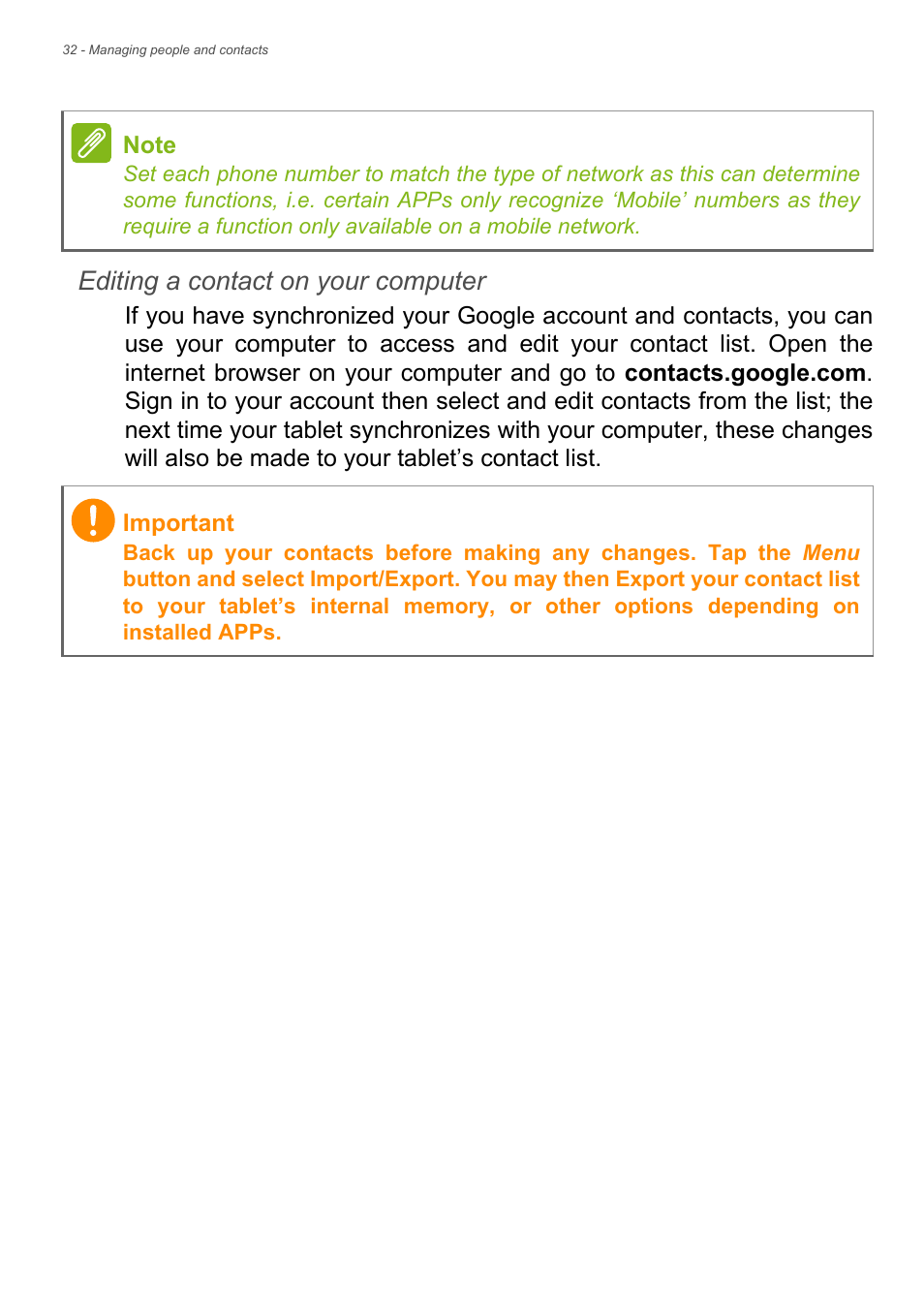 Editing a contact on your computer | Acer Iconia Talk S A1-724 User Manual | Page 32 / 56