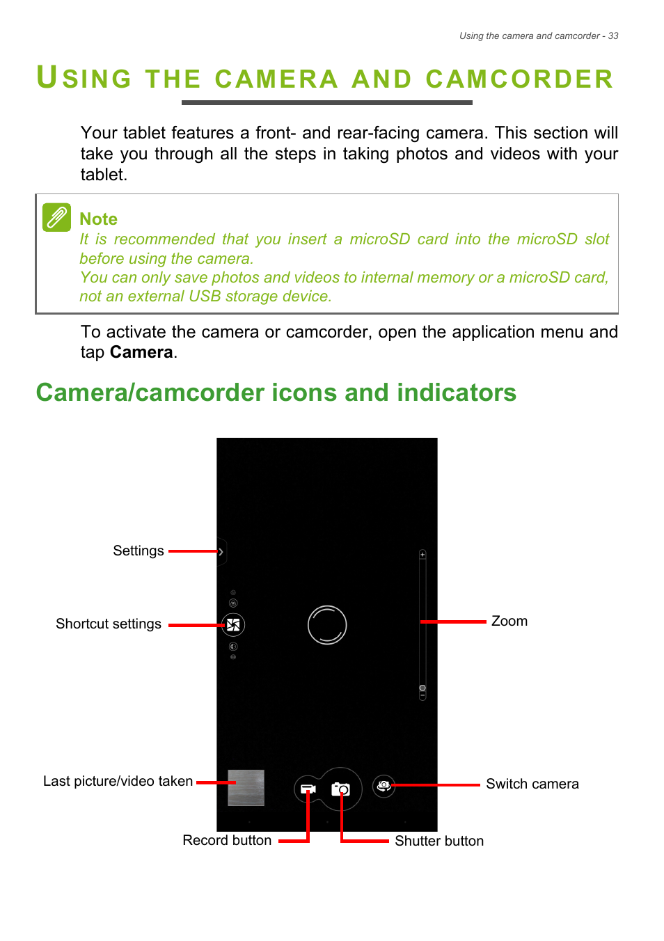 Using the camera and camcorder, Camera/camcorder icons and indicators, Camera/camcorder icons and indicators 33 | Sing, Camera, Camcorder | Acer Iconia Talk S A1-724 User Manual | Page 33 / 56