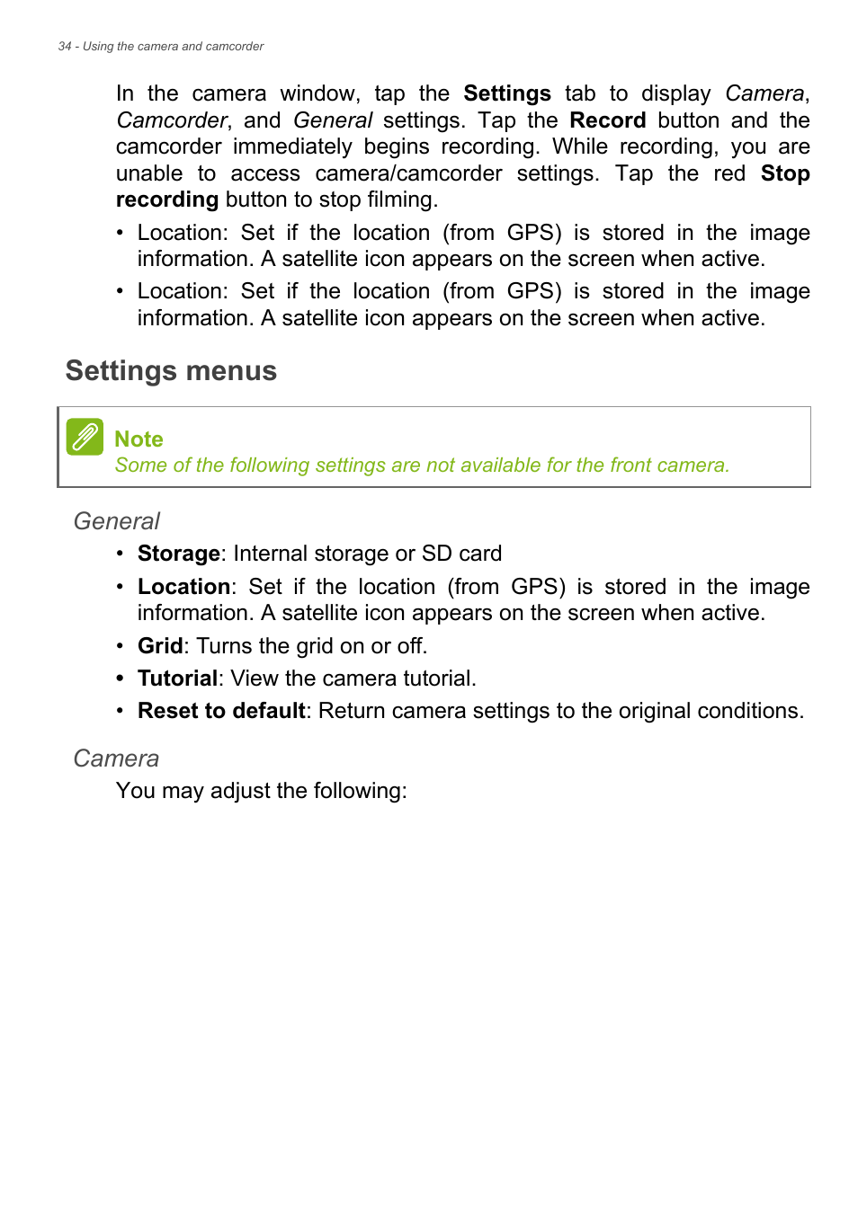 Settings menus | Acer Iconia Talk S A1-724 User Manual | Page 34 / 56