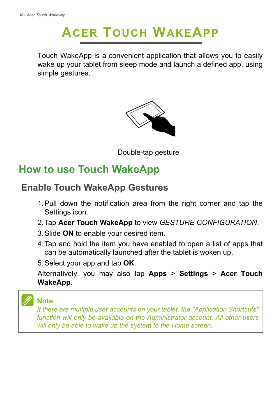 Acer touch wakeapp, How to use touch wakeapp, Enable touch wakeapp gestures | Gestures, See acer touch, Ouch | Acer Iconia Talk S A1-724 User Manual | Page 38 / 56