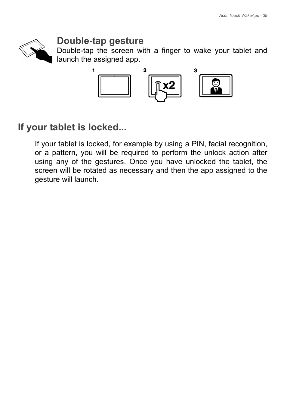 If your tablet is locked, Double-tap gesture | Acer Iconia Talk S A1-724 User Manual | Page 39 / 56