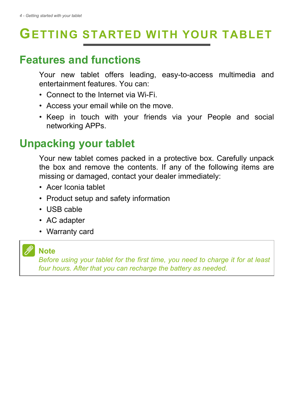 Getting started with your tablet, Features and functions, Unpacking your tablet | Features and functions unpacking your tablet | Acer Iconia Talk S A1-724 User Manual | Page 4 / 56