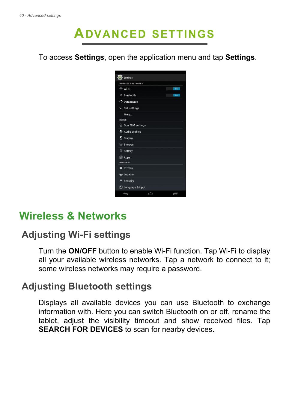 Advanced settings, Wireless & networks, Adjusting wi-fi settings | Adjusting bluetooth settings, Dvanced, Settings | Acer Iconia Talk S A1-724 User Manual | Page 40 / 56