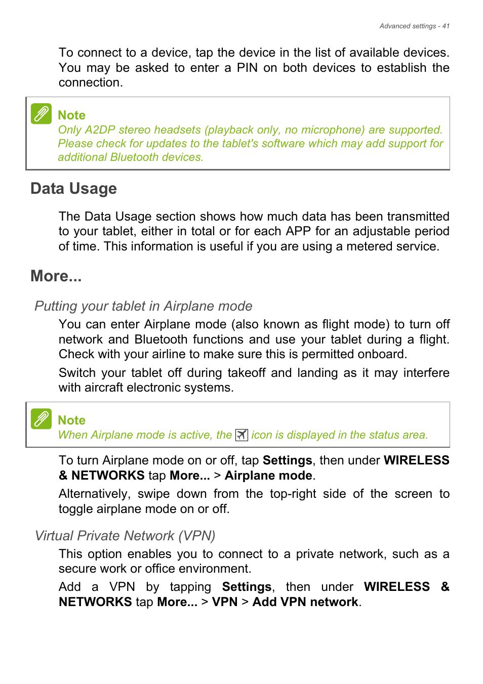 Data usage, More | Acer Iconia Talk S A1-724 User Manual | Page 41 / 56