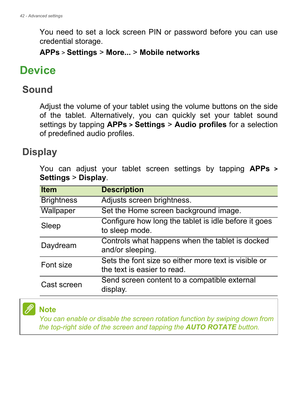 Device, Sound, Display | Acer Iconia Talk S A1-724 User Manual | Page 42 / 56