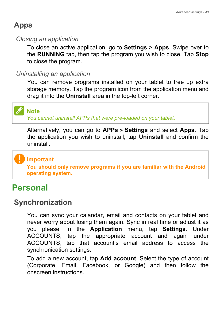 Apps, Personal, Synchronization | Acer Iconia Talk S A1-724 User Manual | Page 43 / 56