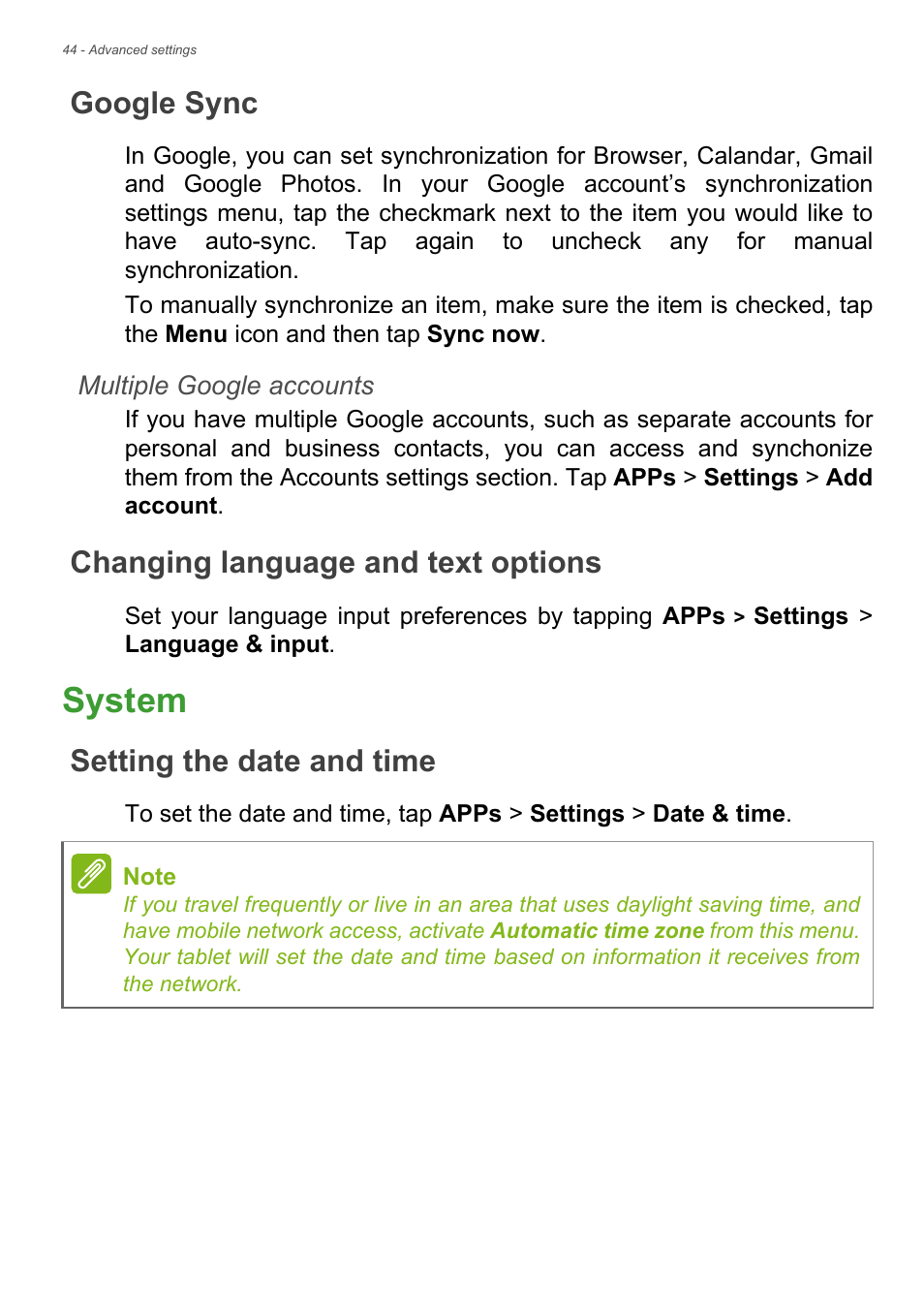 Google sync, Changing language and text options, System | Setting the date and time, See multiple google | Acer Iconia Talk S A1-724 User Manual | Page 44 / 56