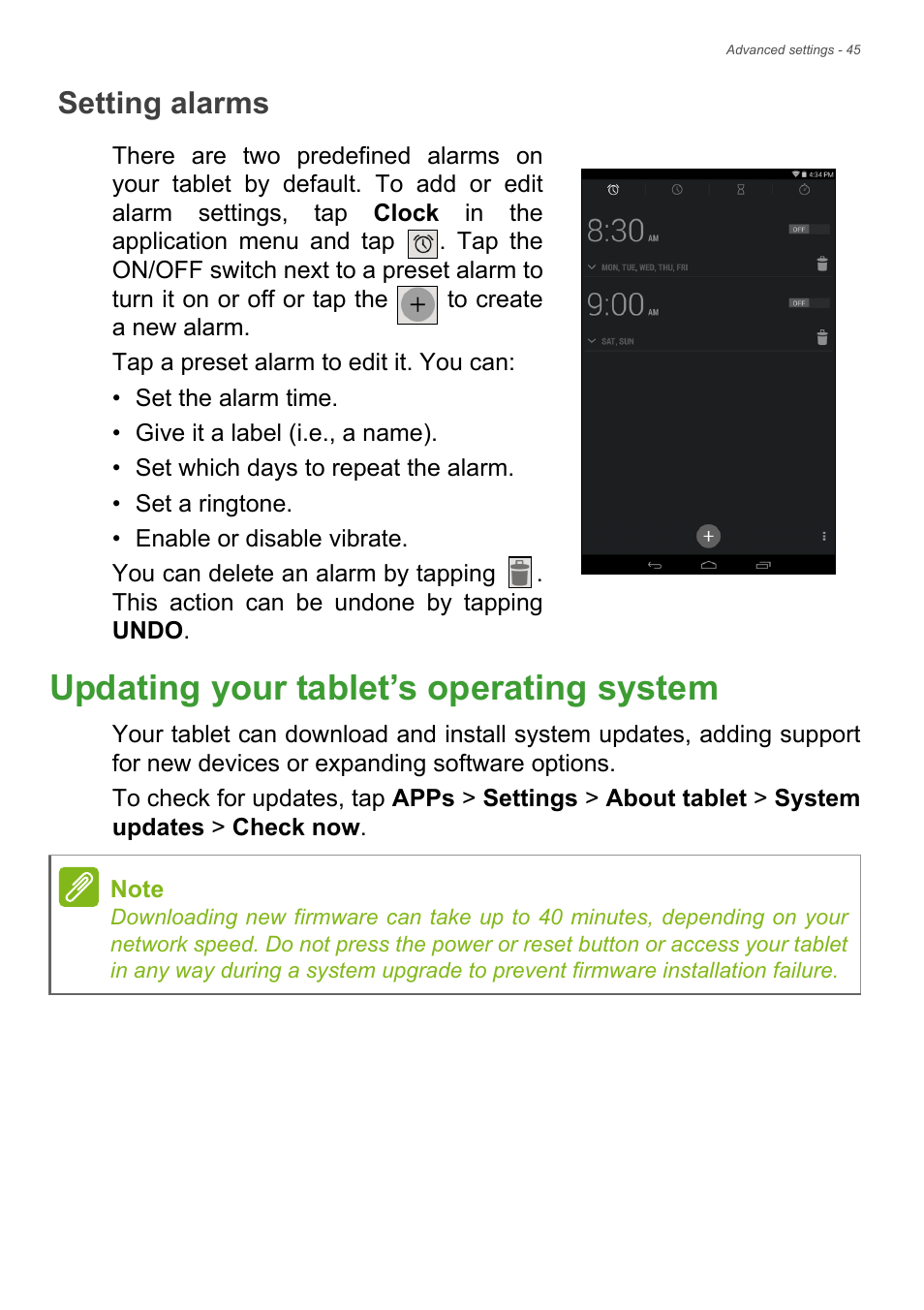 Setting alarms, Updating your tablet’s operating system, Updating your tablet’s operating system 45 | Acer Iconia Talk S A1-724 User Manual | Page 45 / 56