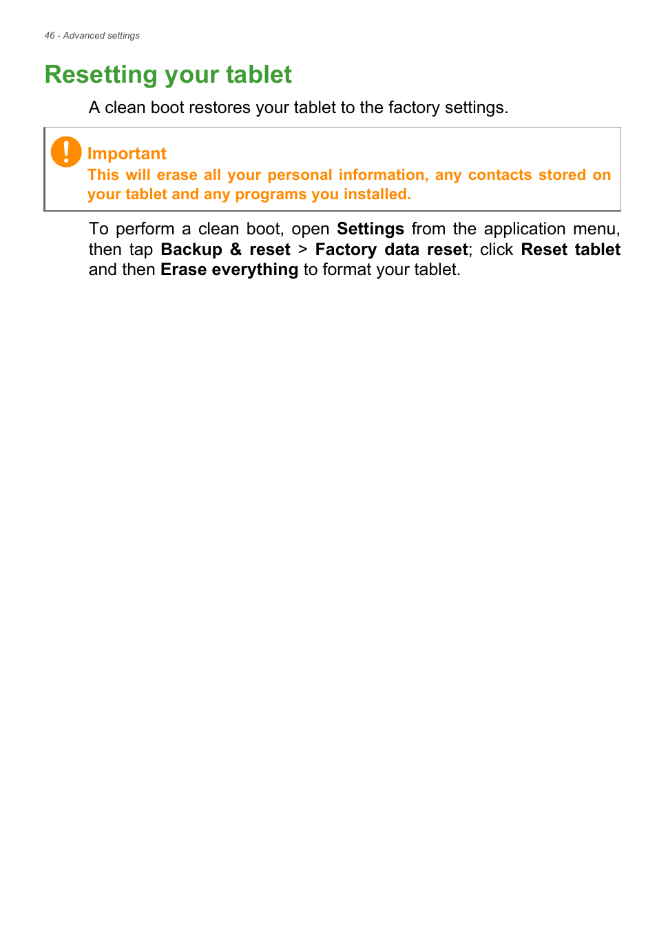 Resetting your tablet | Acer Iconia Talk S A1-724 User Manual | Page 46 / 56