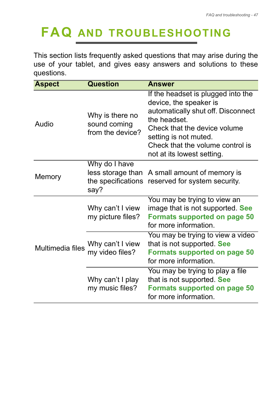 Faq and troubleshooting, Troubleshooting | Acer Iconia Talk S A1-724 User Manual | Page 47 / 56