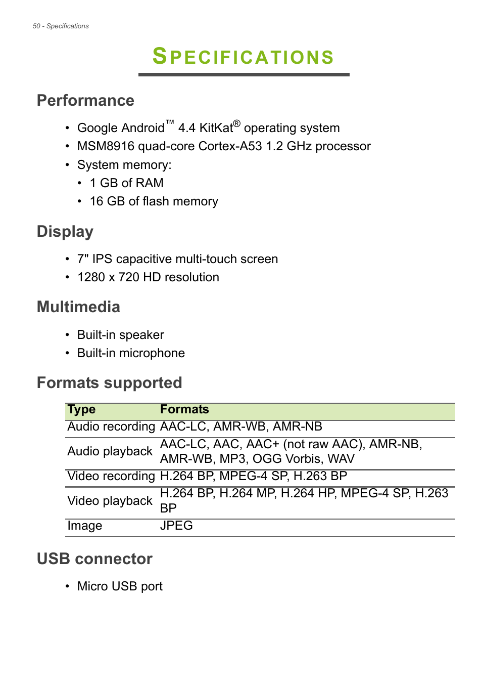 Specifications, Performance, Display | Multimedia, Formats supported, Usb connector, Pecifications | Acer Iconia Talk S A1-724 User Manual | Page 50 / 56