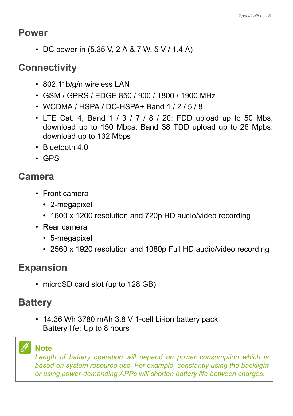 Power, Connectivity, Camera | Expansion, Battery | Acer Iconia Talk S A1-724 User Manual | Page 51 / 56