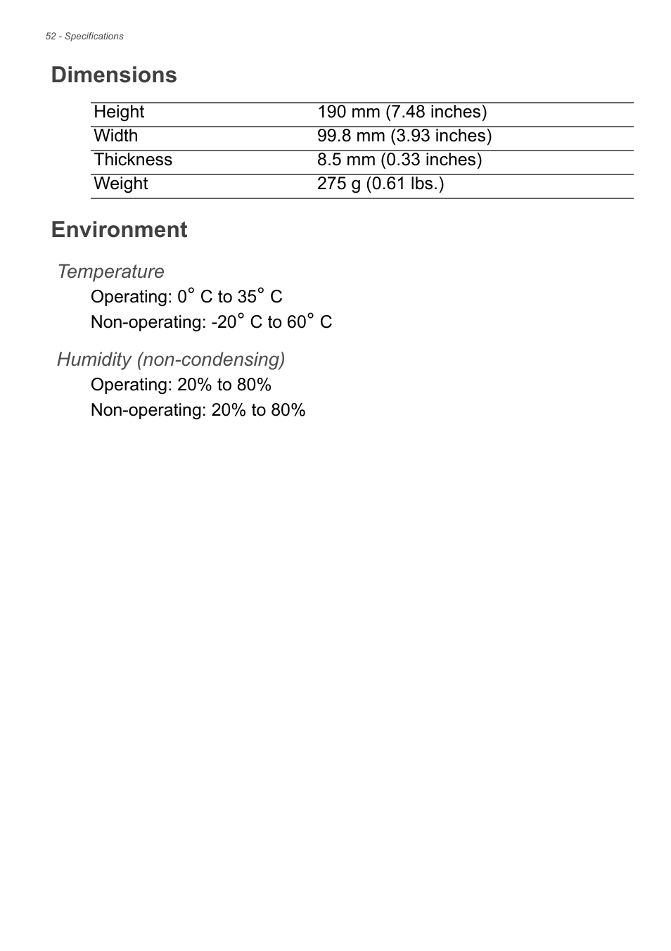 Dimensions, Environment | Acer Iconia Talk S A1-724 User Manual | Page 52 / 56