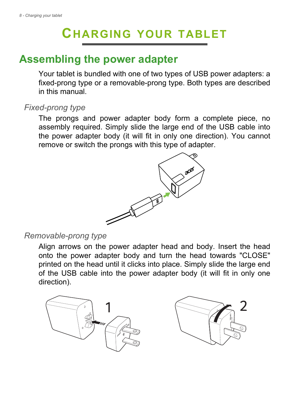 Charging your tablet, Assembling the power adapter, Harging | Your, Tablet assembling the power adapter | Acer Iconia Talk S A1-724 User Manual | Page 8 / 56