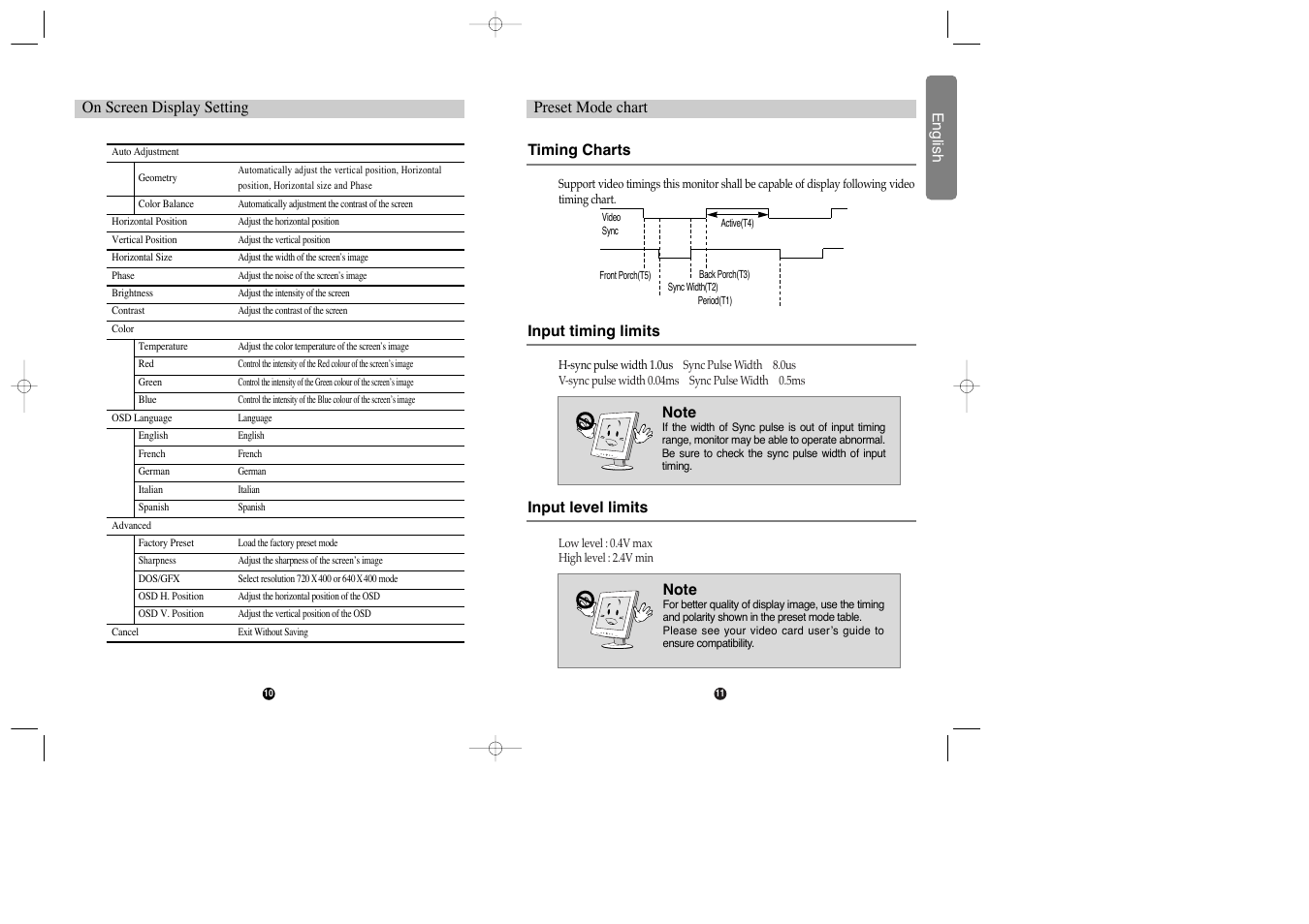 Preset mode chart, On screen display setting | Hansol 520F User Manual | Page 6 / 8