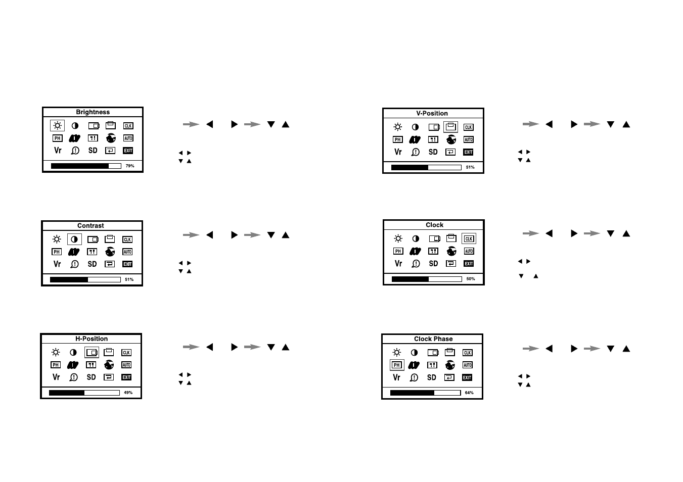 Adjusting osd, Clock phase horizontal position, Brightness contrast vertical position clock | Hansol 700FS User Manual | Page 8 / 15