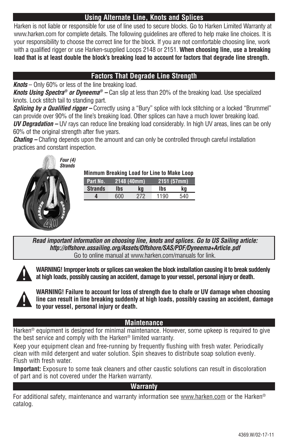 Using alternate line, knots and splices, Factors that degrade line strength, Warranty | Maintenance | Harken 2148 T2 Loop Block User Manual | Page 4 / 4