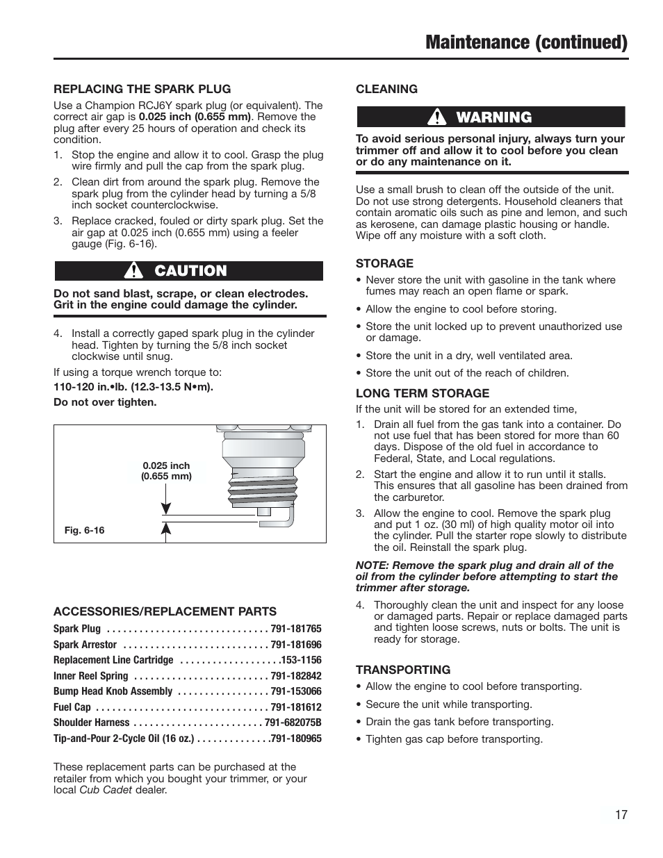 Maintenance (continued) | Cub Cadet CC2000 User Manual | Page 17 / 60