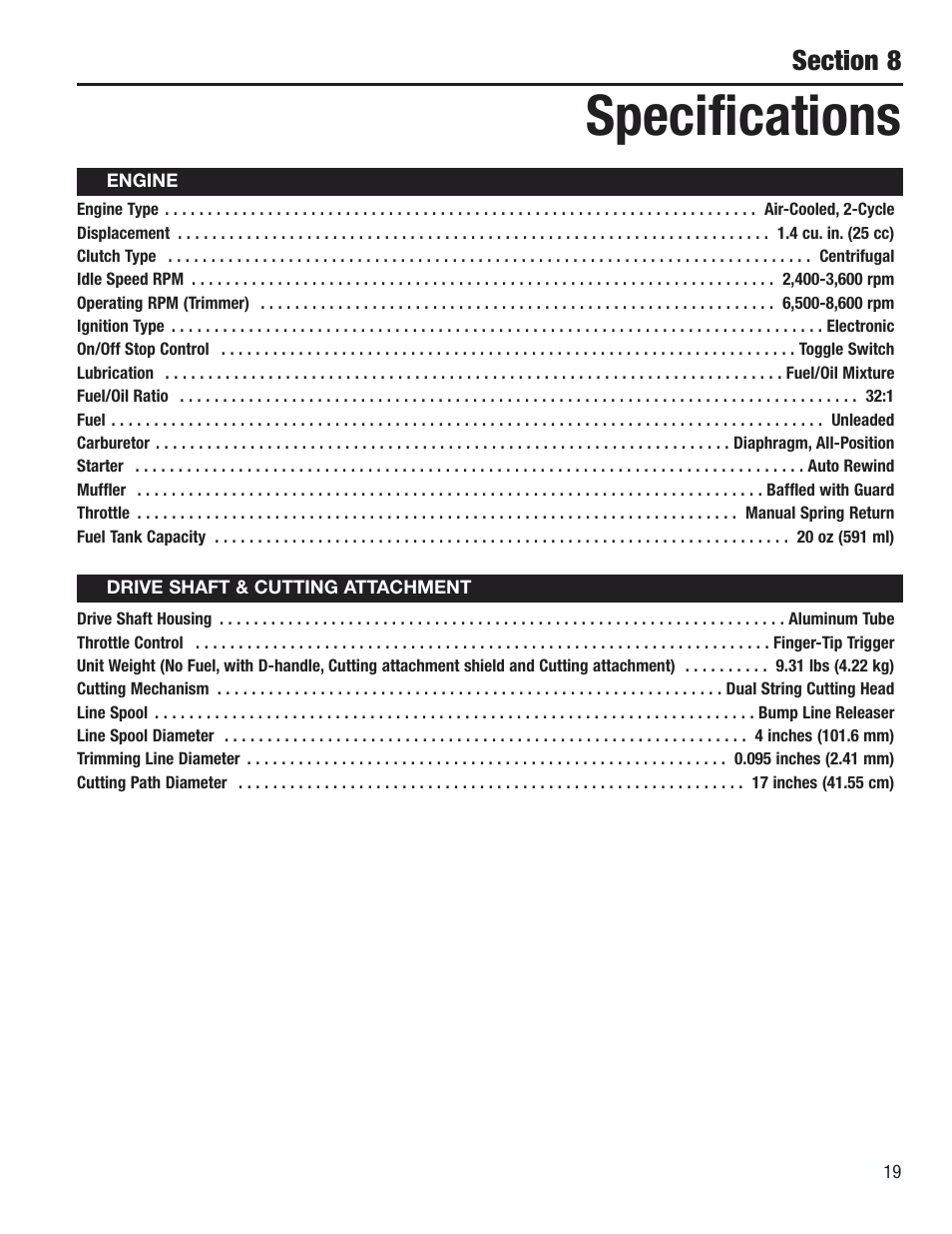 Specifications | Cub Cadet CC2000 User Manual | Page 19 / 60
