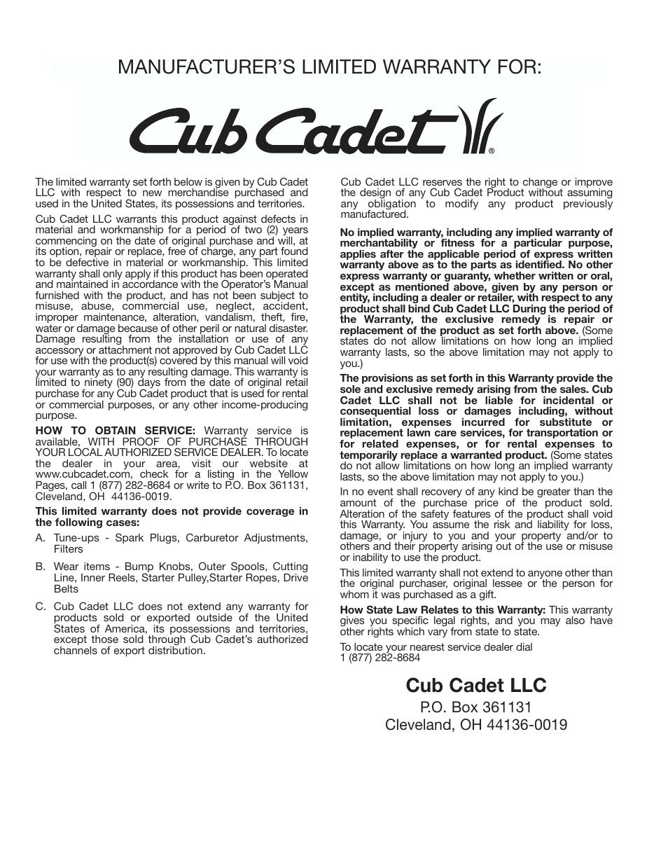 Manufacturer’s limited warranty for, Cub cadet llc | Cub Cadet CC2000 User Manual | Page 20 / 60