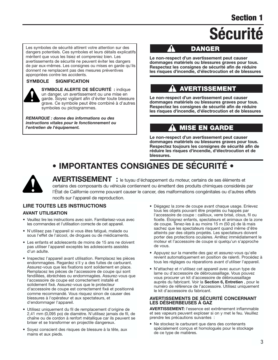 Sécurité, Importantes consignes de sécurité, Avertissement | Cub Cadet CC2000 User Manual | Page 23 / 60