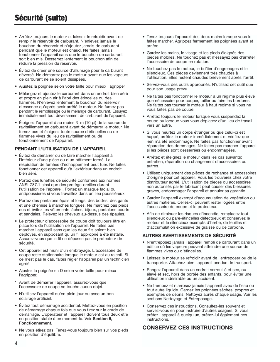 Sécurité (suite), Conservez ces instructions 4 | Cub Cadet CC2000 User Manual | Page 24 / 60
