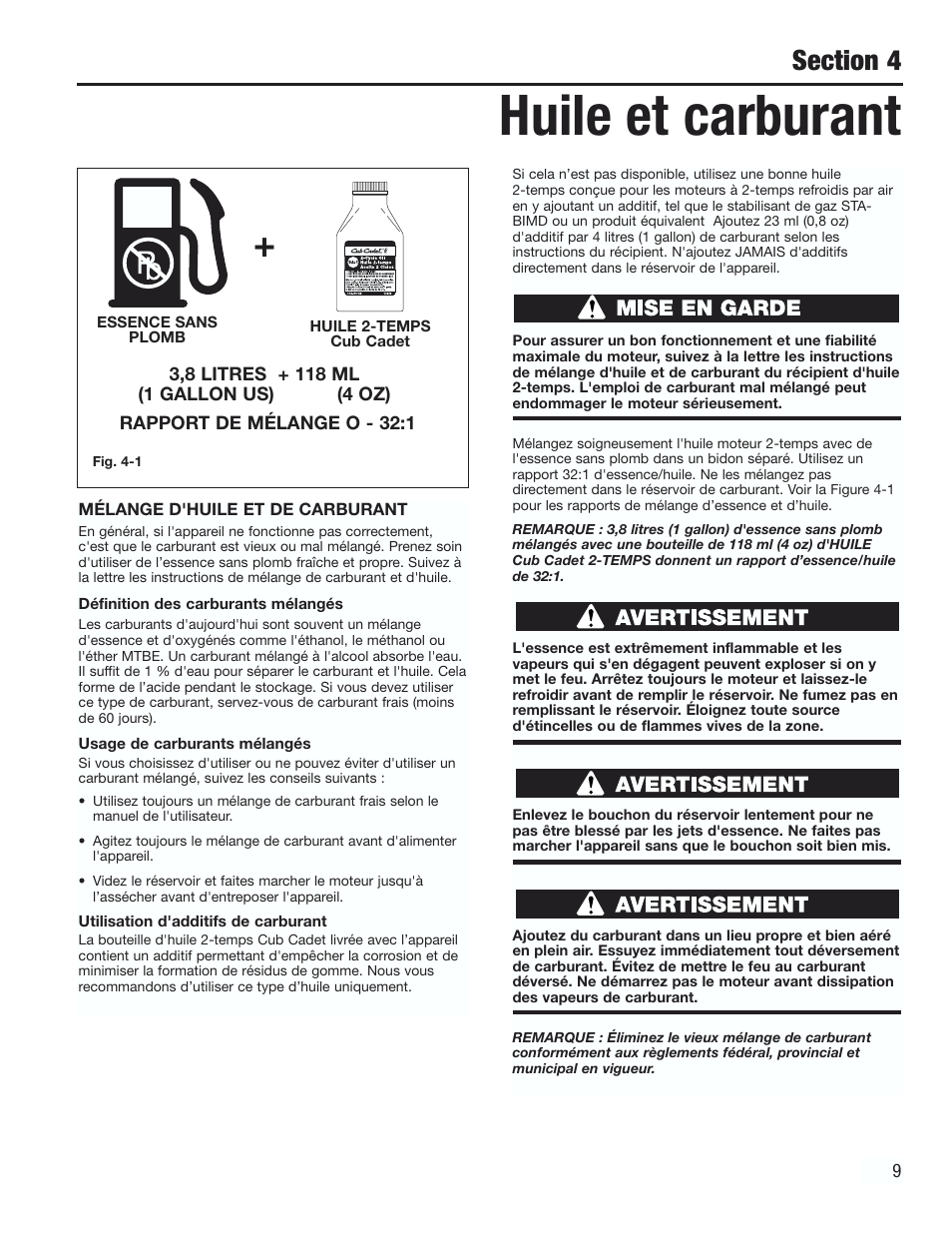 Huile et carburant | Cub Cadet CC2000 User Manual | Page 29 / 60