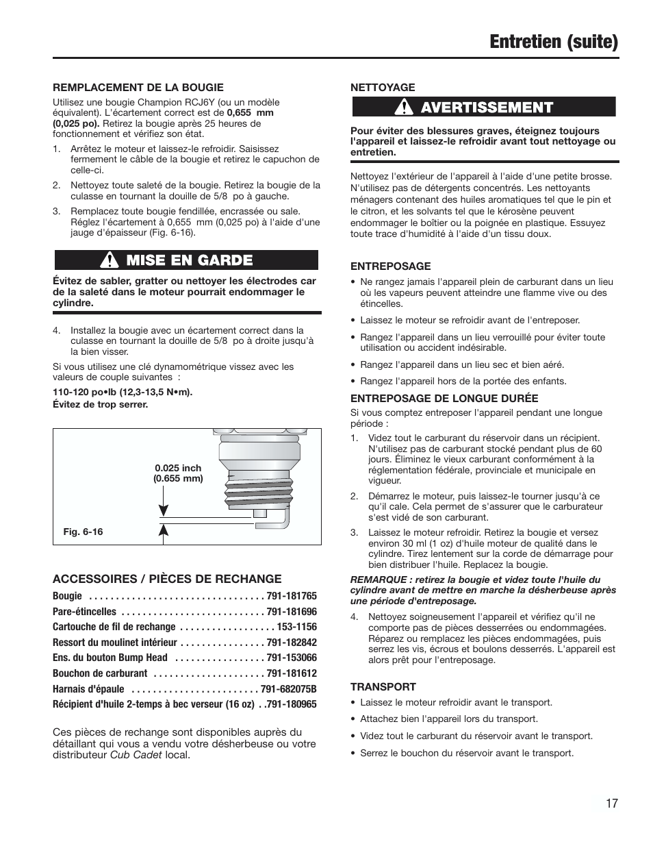 Entretien (suite) | Cub Cadet CC2000 User Manual | Page 37 / 60