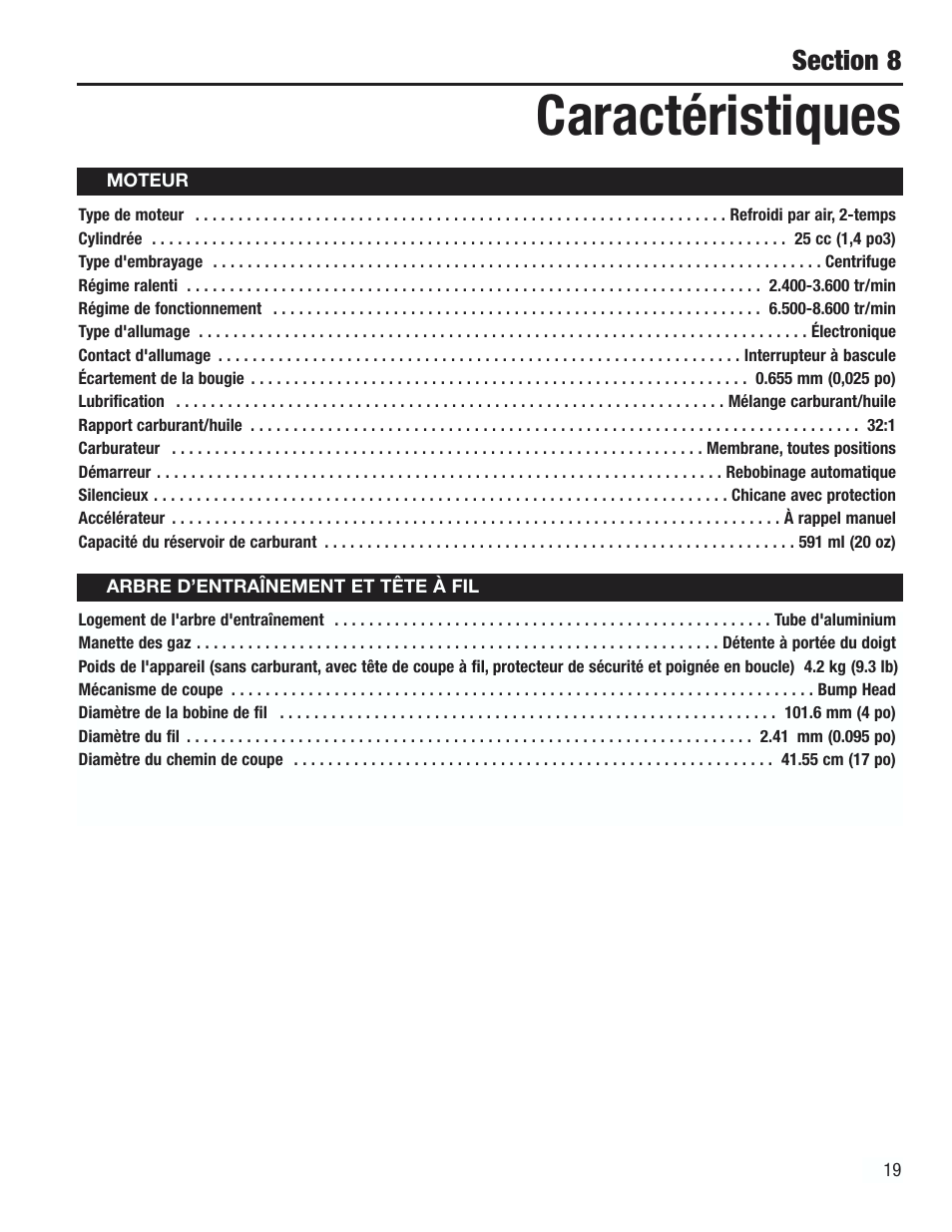 Caractéristiques | Cub Cadet CC2000 User Manual | Page 39 / 60