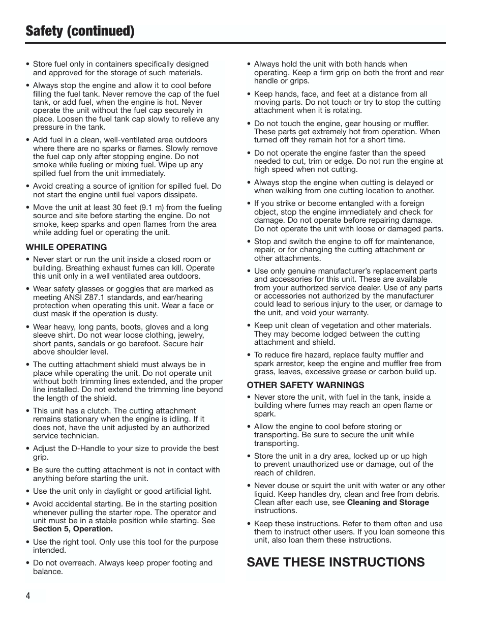 Safety (continued), Save these instructions | Cub Cadet CC2000 User Manual | Page 4 / 60