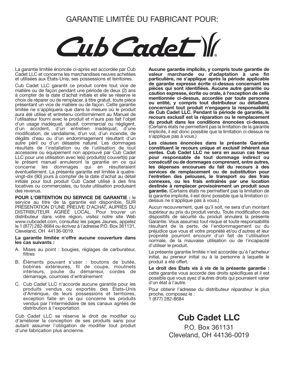 Cub cadet llc, Garantie limitée du fabricant pour | Cub Cadet CC2000 User Manual | Page 40 / 60