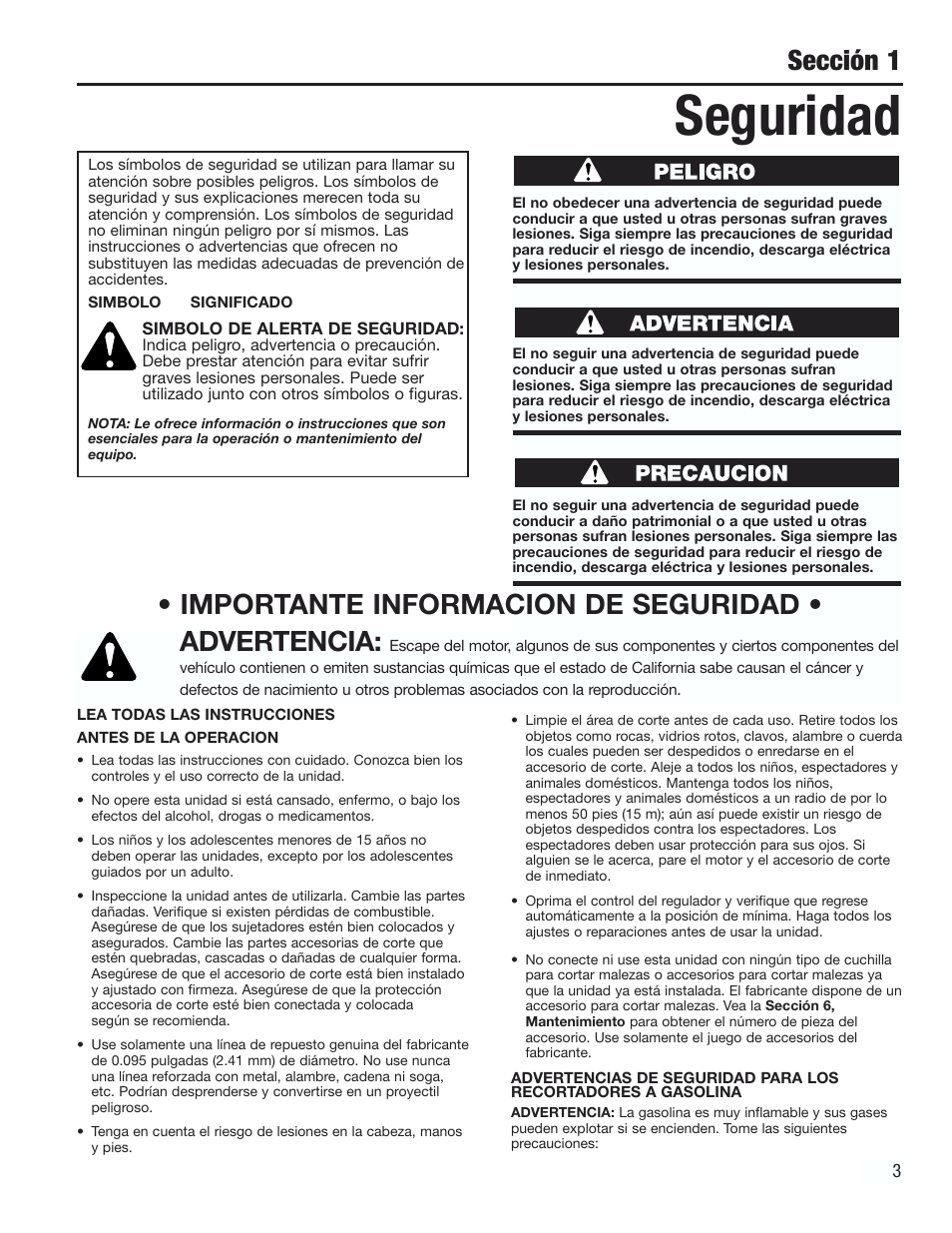 Seguridad, Sección 1, Importante informacion de seguridad • advertencia | Cub Cadet CC2000 User Manual | Page 43 / 60