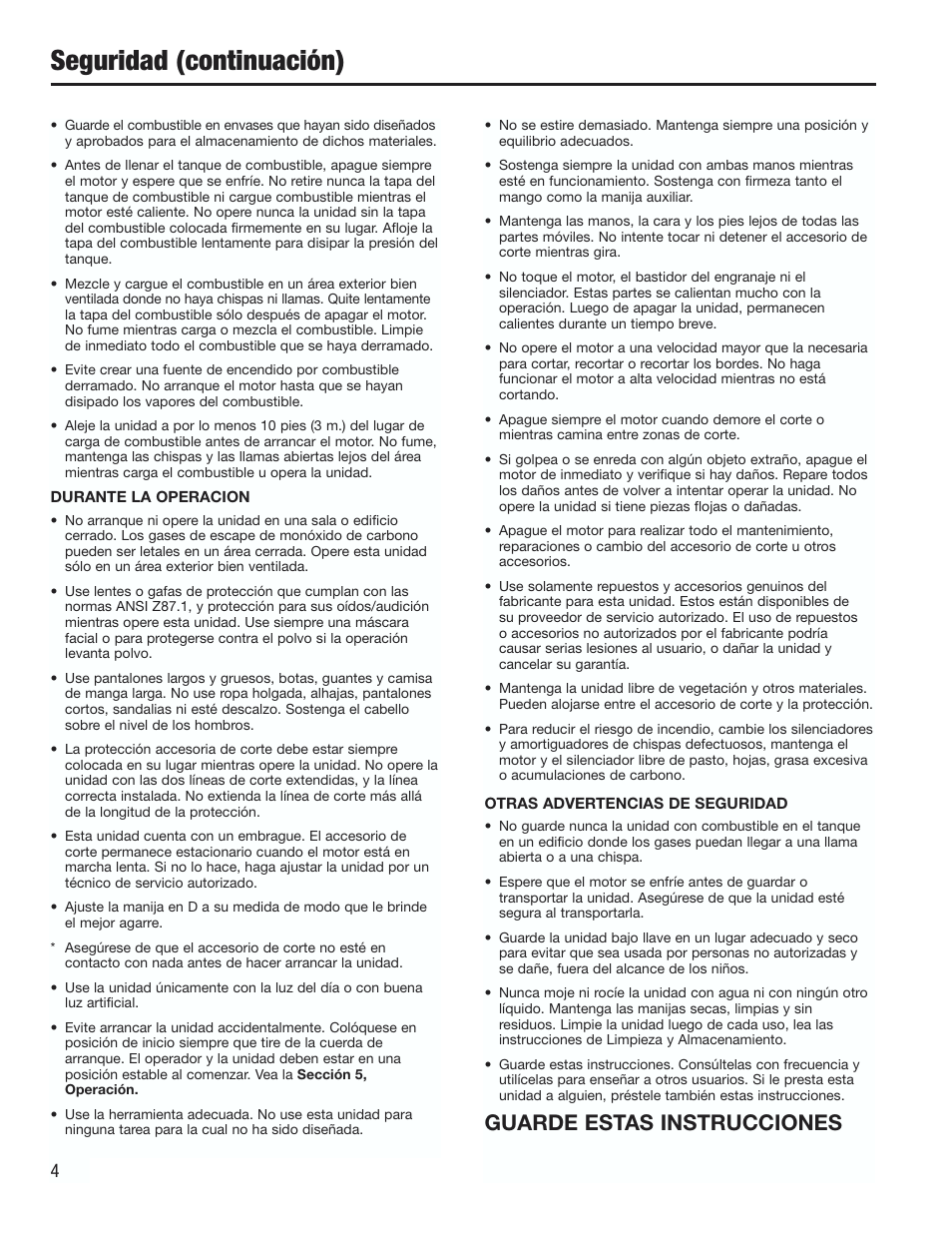 Seguridad (continuación), Guarde estas instrucciones | Cub Cadet CC2000 User Manual | Page 44 / 60