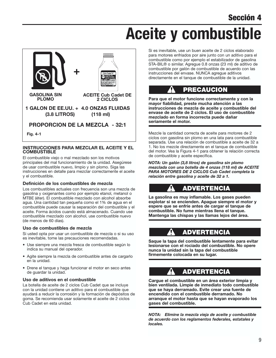 Aceite y combustible, Sección 4 | Cub Cadet CC2000 User Manual | Page 49 / 60