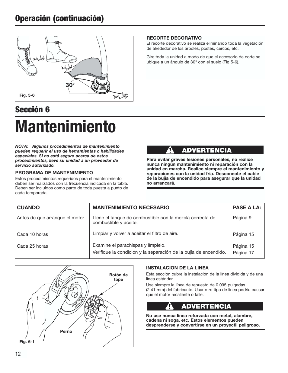 Mantenimiento, Operación (continuación), Sección 6 | Cub Cadet CC2000 User Manual | Page 52 / 60