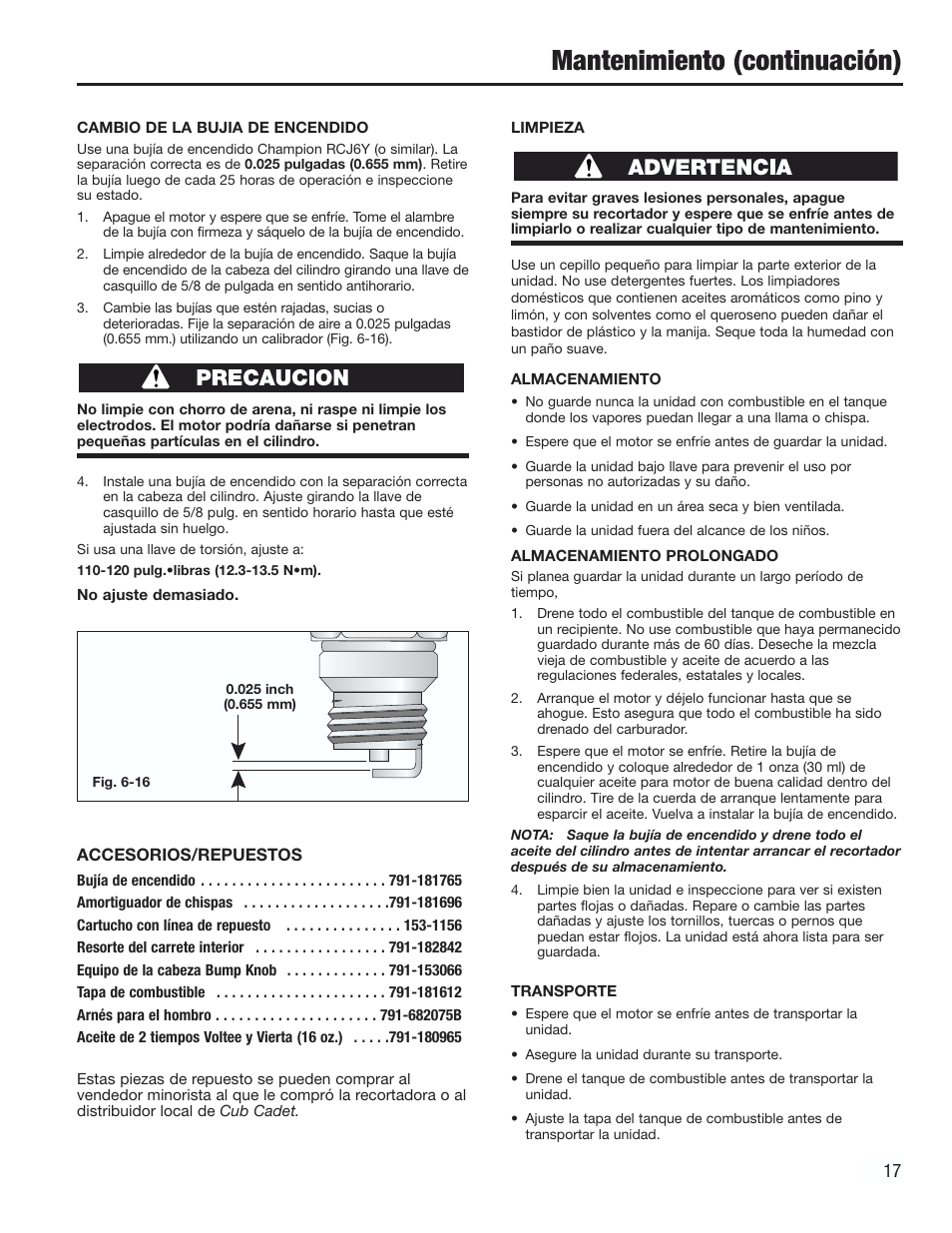 Mantenimiento (continuación) | Cub Cadet CC2000 User Manual | Page 57 / 60