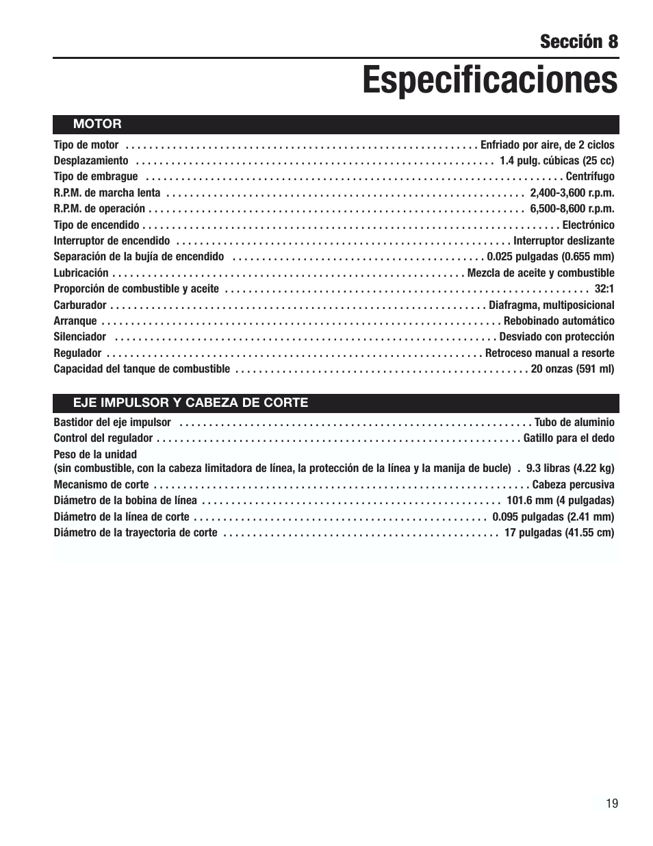 Especificaciones, Sección 8 | Cub Cadet CC2000 User Manual | Page 59 / 60