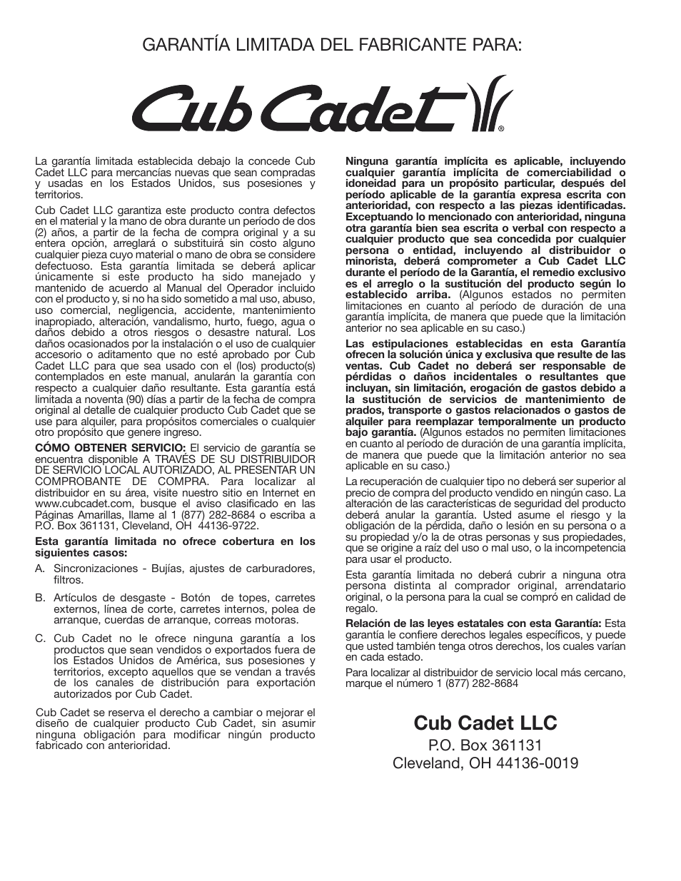 Cub cadet llc, Garantía limitada del fabricante para | Cub Cadet CC2000 User Manual | Page 60 / 60