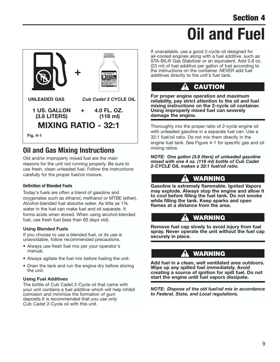 Oil and fuel, Mixing ratio - 32:1, Oil and gas mixing instructions | Cub Cadet CC2000 User Manual | Page 9 / 60