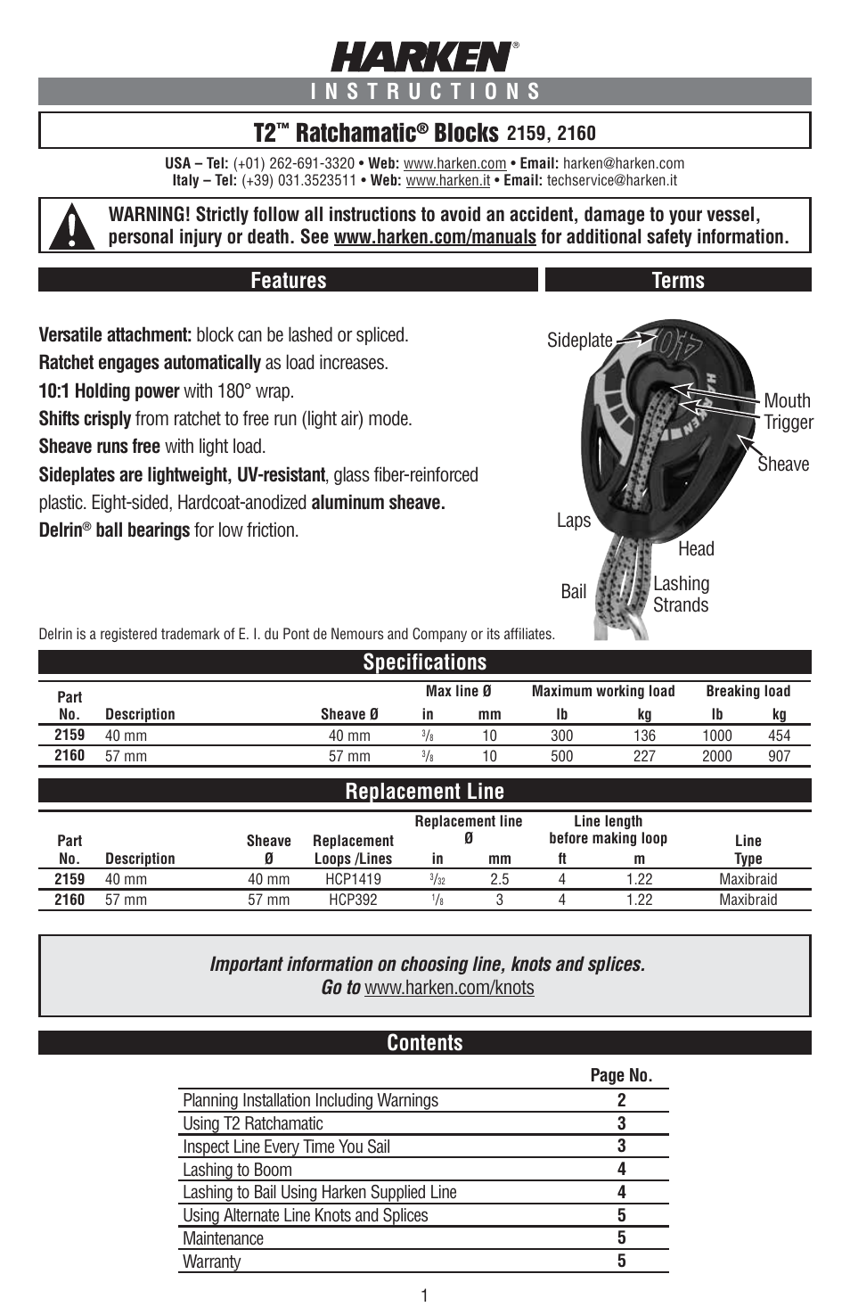 Harken 2159 T2 Ratchamatic Block User Manual | 5 pages