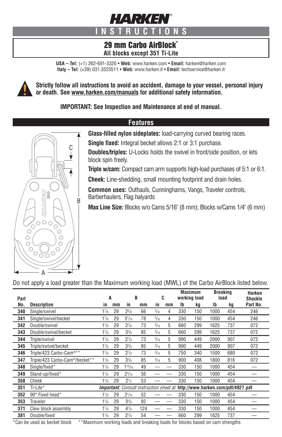 Harken 340 29 mm Shackle & Cheek Block User Manual | 4 pages