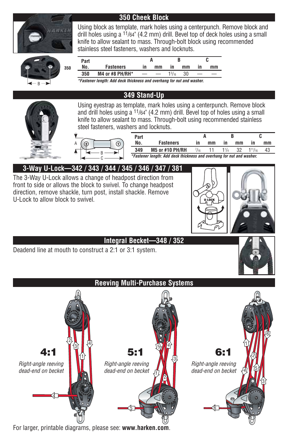 350 cheek block, Reeving multi-purchase systems, 349 stand-up | Harken 340 29 mm Shackle & Cheek Block User Manual | Page 2 / 4