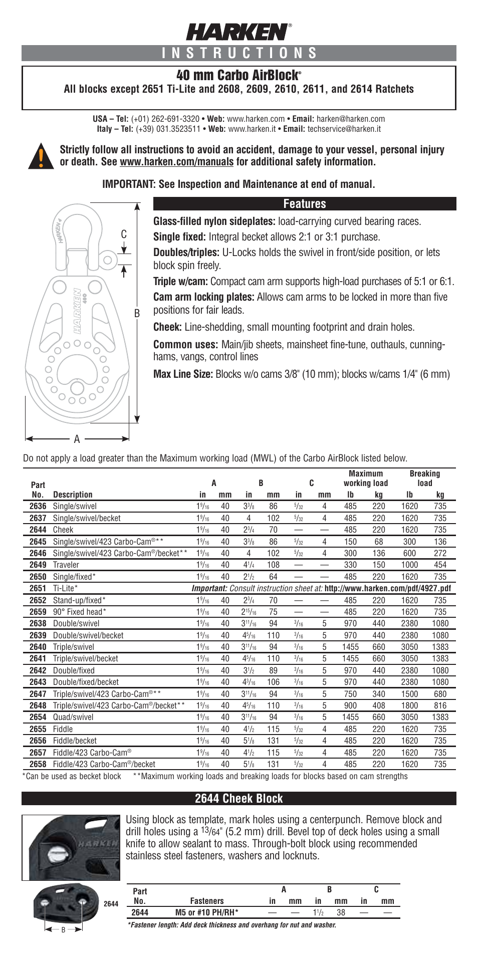 Harken 2636 40 mm Shackle & Cheek Block User Manual | 4 pages