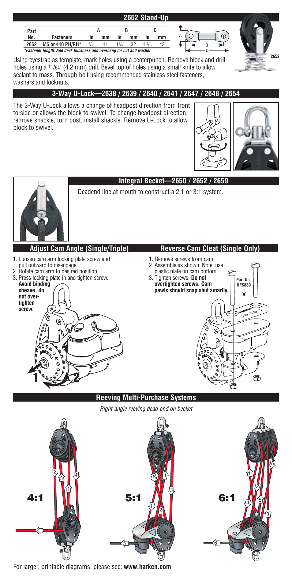 Reeving multi-purchase systems 2652 stand-up, 1 right-angle reeving dead-end on becket | Harken 2636 40 mm Shackle & Cheek Block User Manual | Page 2 / 4