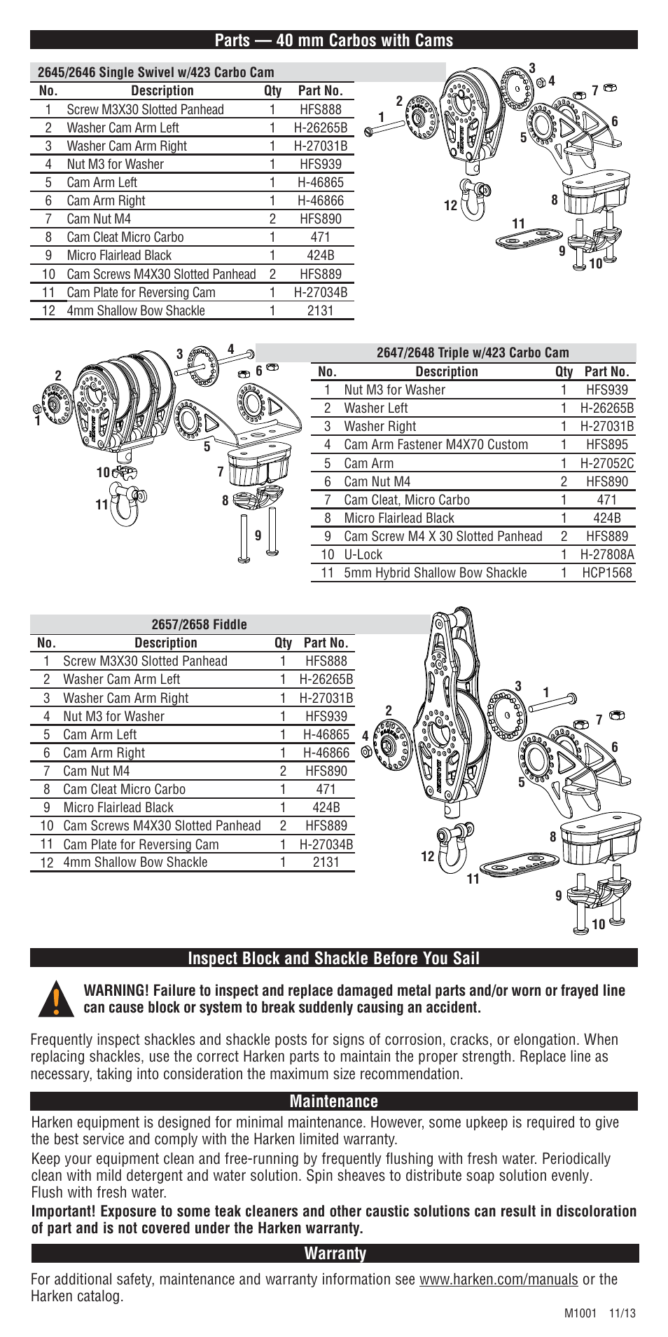 Parts — 40 mm carbos with cams, Warranty | Harken 2636 40 mm Shackle & Cheek Block User Manual | Page 4 / 4