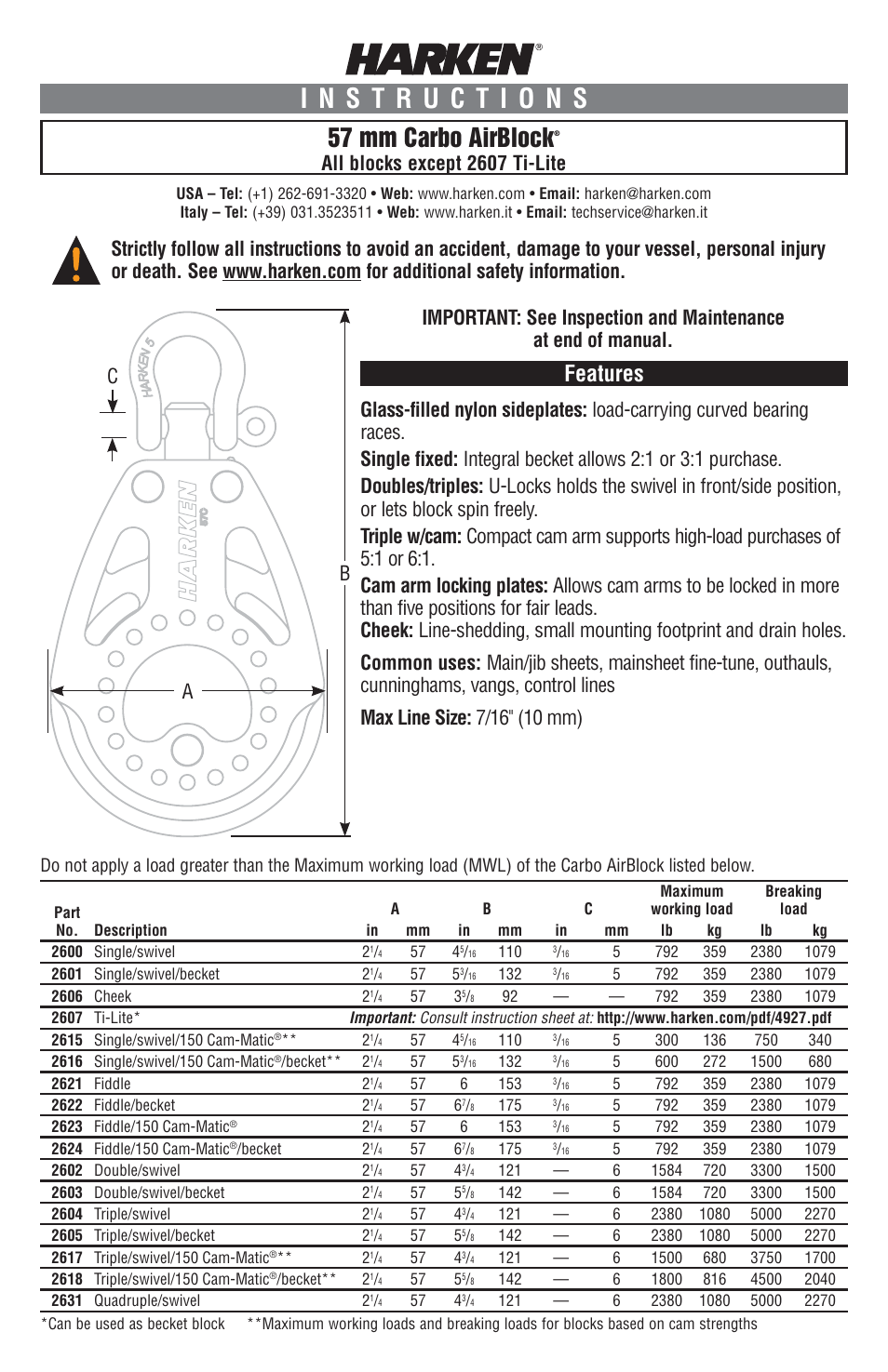 Harken 2600 57 mm Shackle & Cheek Block User Manual | 3 pages
