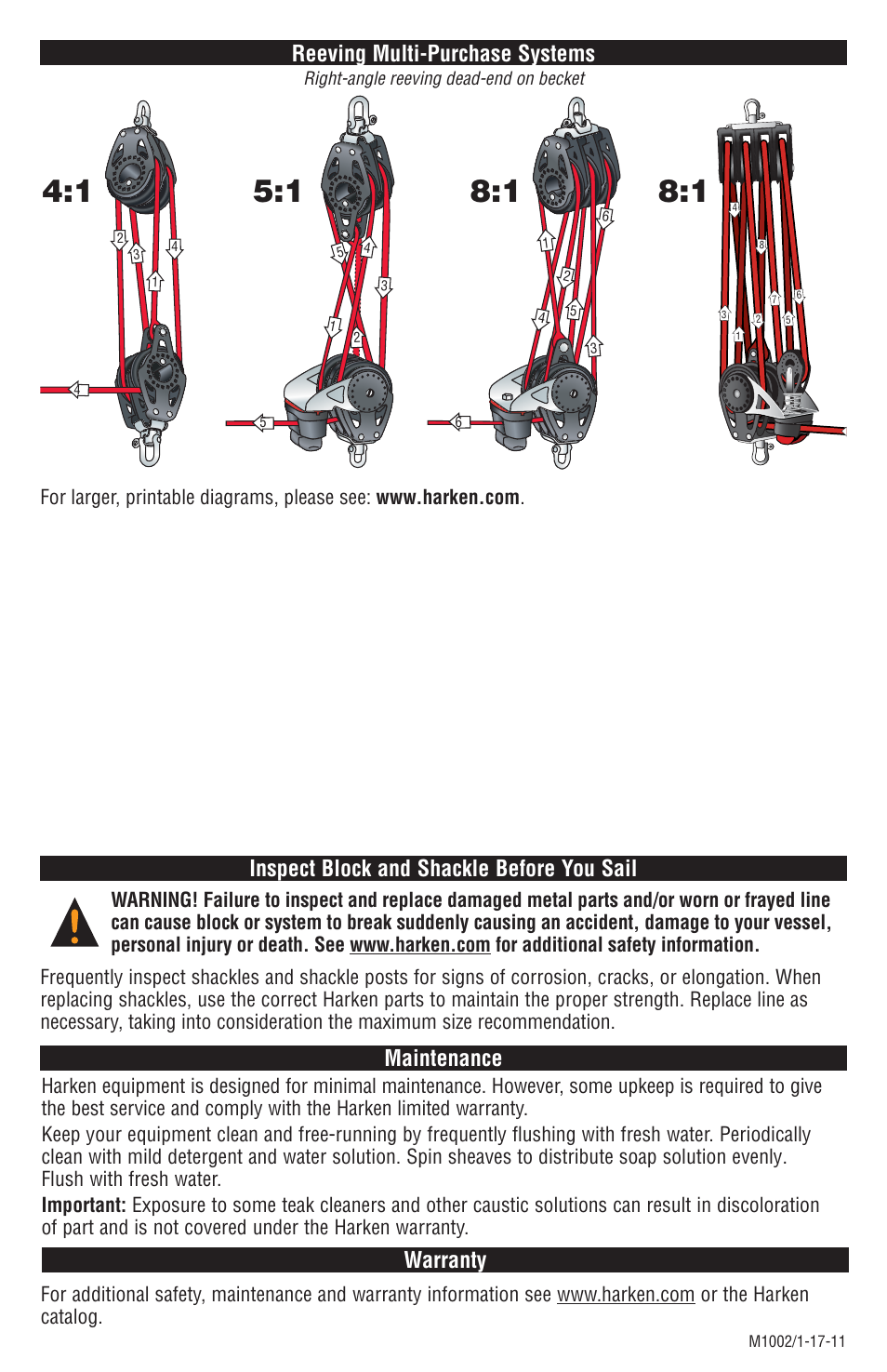Warranty, Reeving multi-purchase systems | Harken 2600 57 mm Shackle & Cheek Block User Manual | Page 3 / 3