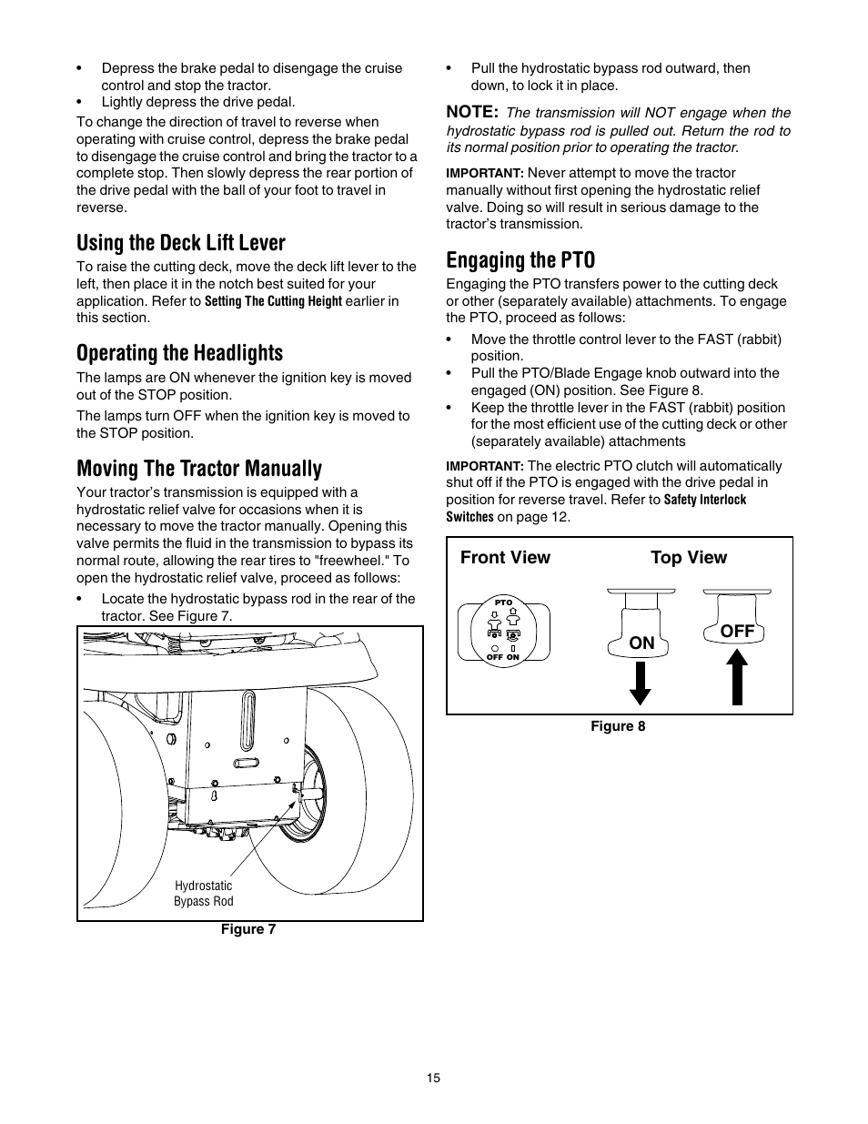 Using the deck lift lever, Operating the headlights, Moving the tractor manually | Engaging the pto | Cub Cadet SLT1554 User Manual | Page 15 / 40